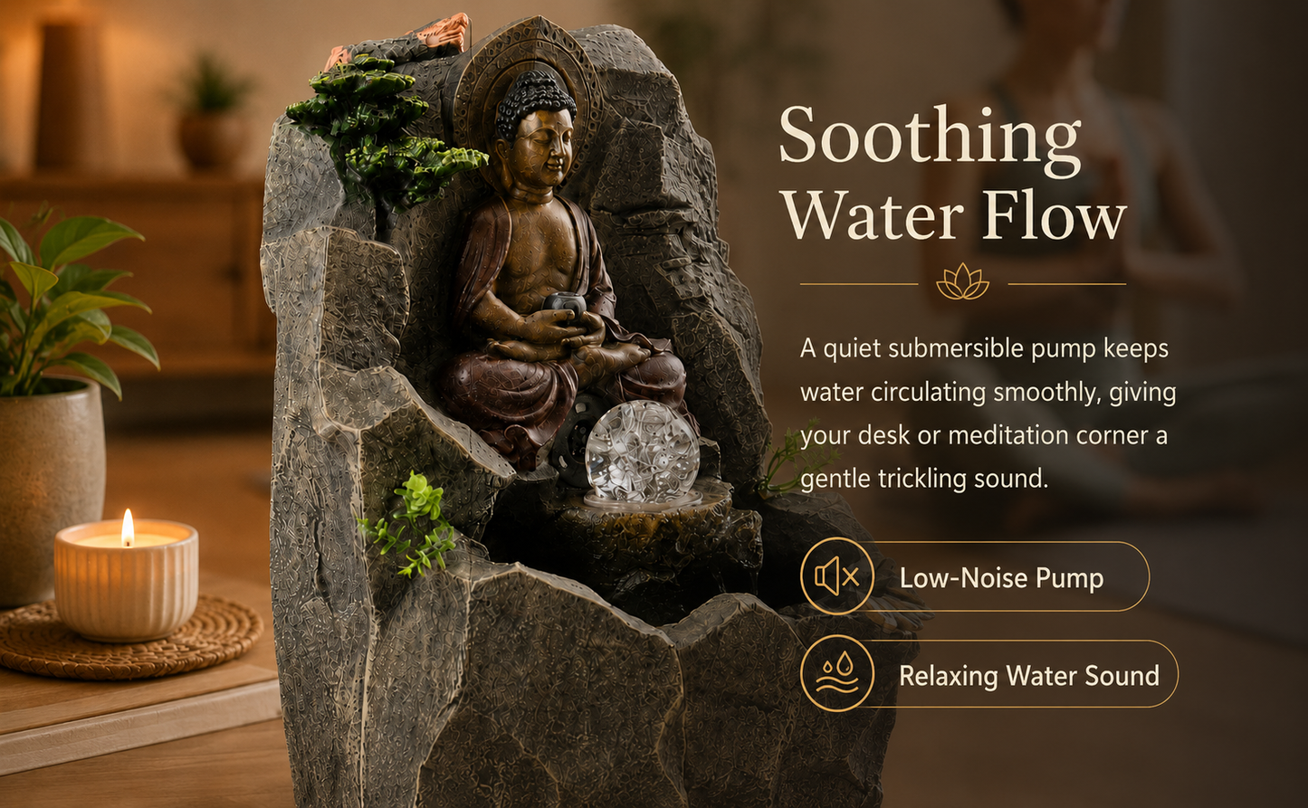 15 Inch Buddha Tabletop Water Fountain with LED Glass Orb, Indoor Resin Waterfall Fountain, Zen Desktop Fountain for Office Desk, Living Room, Bedroom, Meditation Room & Home Decor