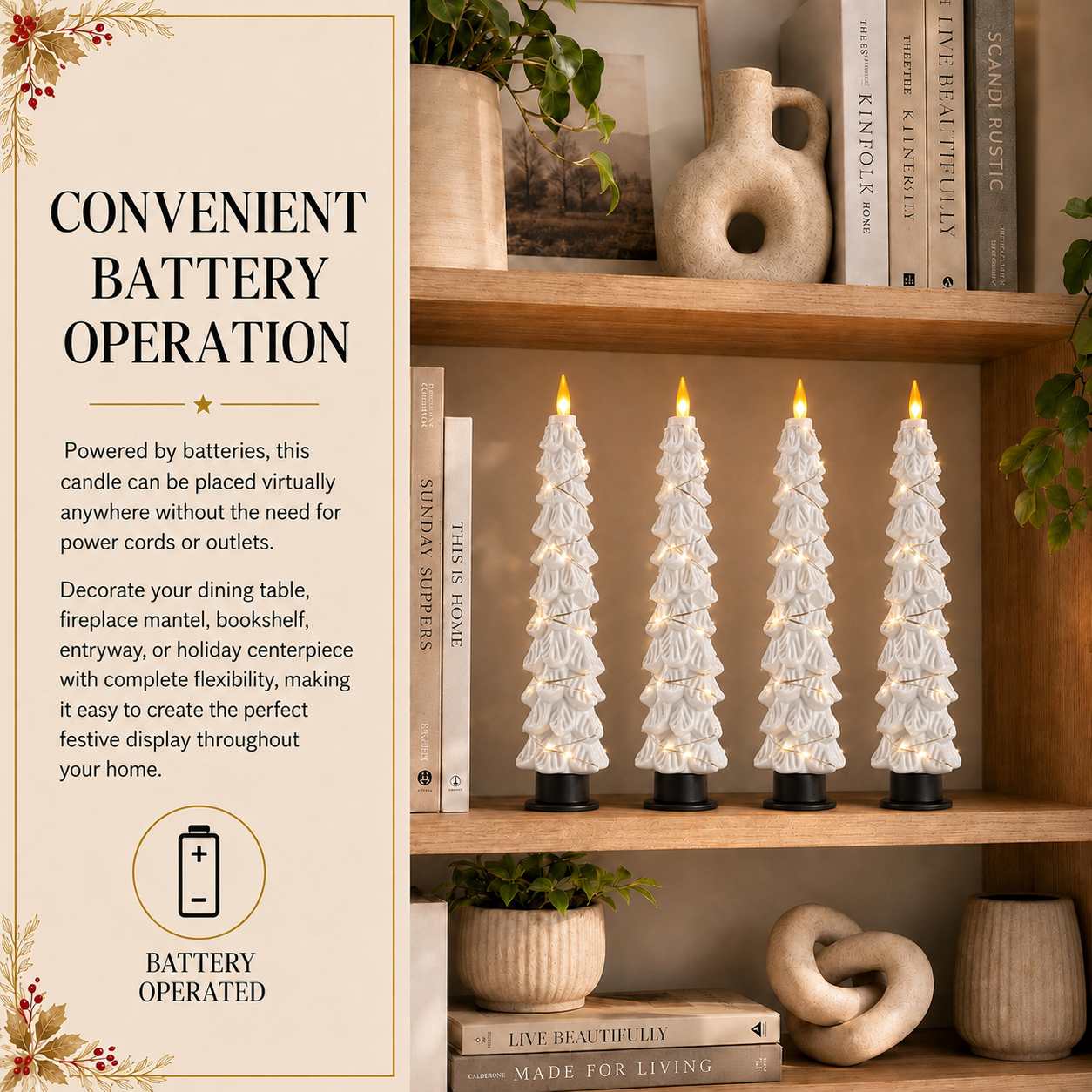2 Pack EverGlow Christmas Tree LED Flameless Taper Candles, 9.5 Inch Battery Operated Flickering Candles with Remote Timer and Copper String Lights for Christmas Home Décor, Dining Table