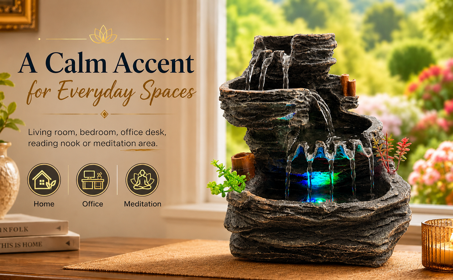 Indoor Tabletop Water Fountain with LED Light, Resin Rock-Look Waterfall Decor, Feng Shui Inspired Zen Fountain for Desk, Office, Bedroom, Living Room & Meditation Space (9.25" Cascading Rock)