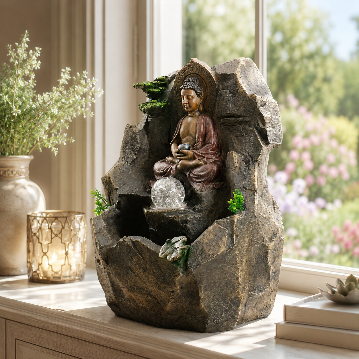 15 Inch Buddha Tabletop Water Fountain with LED Glass Orb, Indoor Resin Waterfall Fountain, Zen Desktop Fountain for Office Desk, Living Room, Bedroom, Meditation Room & Home Decor