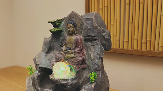 15 Inch Buddha Tabletop Water Fountain with LED Glass Orb, Indoor Resin Waterfall Fountain, Zen Desktop Fountain for Office Desk, Living Room, Bedroom, Meditation Room & Home Decor