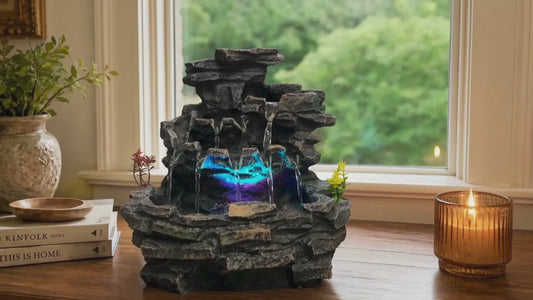 Indoor Tabletop Water Fountain with LED Light, Resin Rock-Look Waterfall Decor, Feng Shui Inspired Zen Fountain for Desk, Office, Bedroom, Living Room & Meditation Space (9" Cascading Rock)