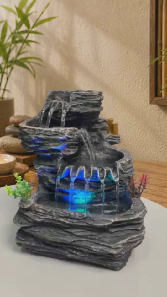 Indoor Tabletop Water Fountain with LED Light, Resin Rock-Look Waterfall Decor, Feng Shui Inspired Zen Fountain for Desk, Office, Bedroom, Living Room & Meditation Space (9.25" Cascading Rock)