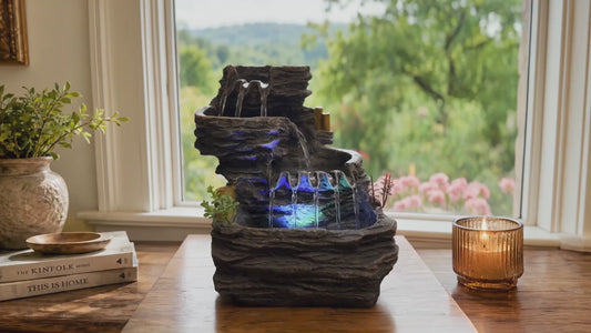 Indoor Tabletop Water Fountain with LED Light, Resin Rock-Look Waterfall Decor, Feng Shui Inspired Zen Fountain for Desk, Office, Bedroom, Living Room & Meditation Space (9.25" Cascading Rock)