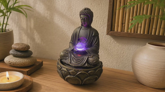 11 Inch Buddha Tabletop Water Fountain with LED Glass Orb, Indoor Resin Waterfall Fountain, Zen Desktop Fountain for Office Desk, Living Room, Bedroom, Meditation Room & Home Decor