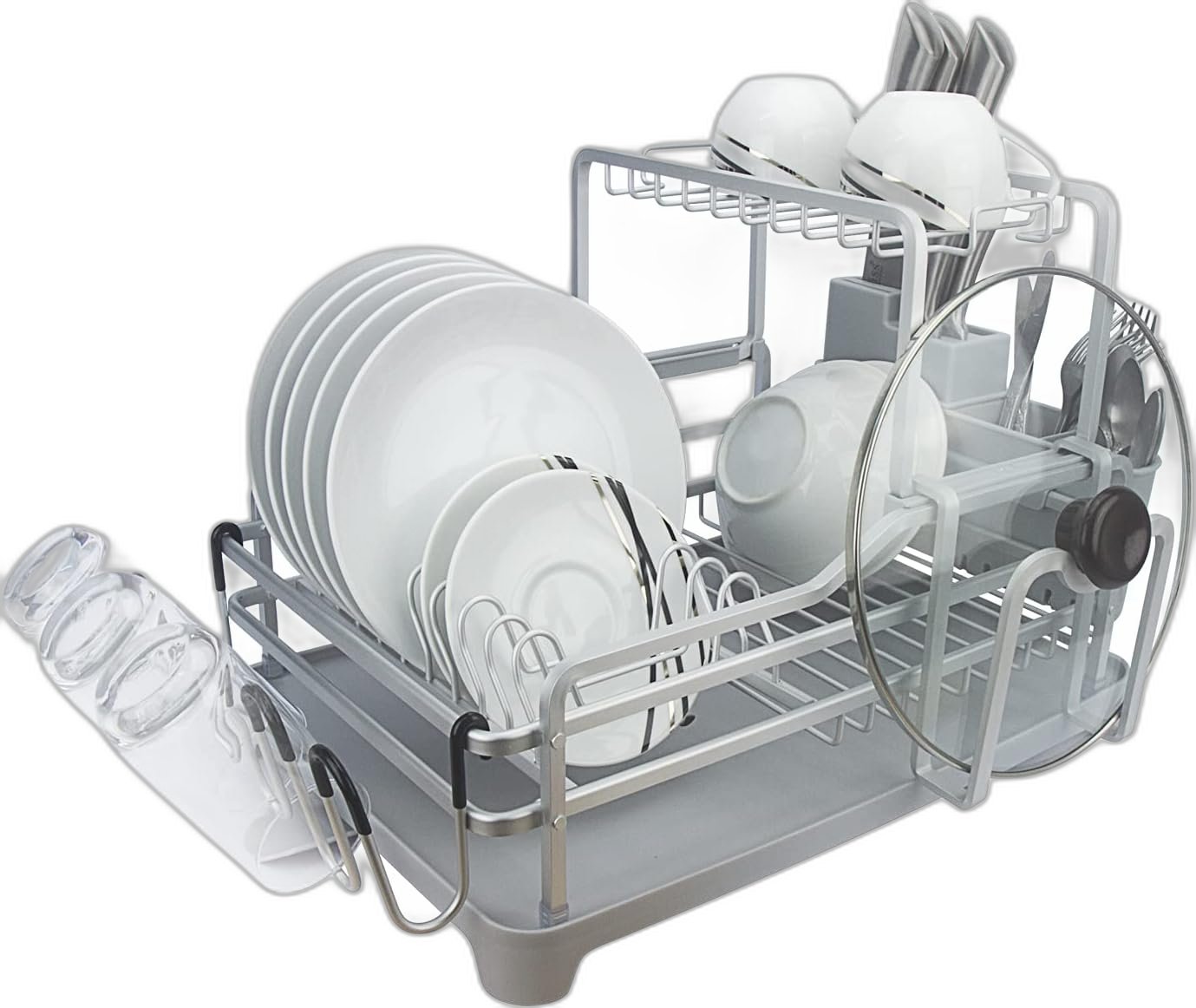Evelyne GMT-10353-B Silver Aluminum Dish Drying Rack with Utensil Holder - 2 T