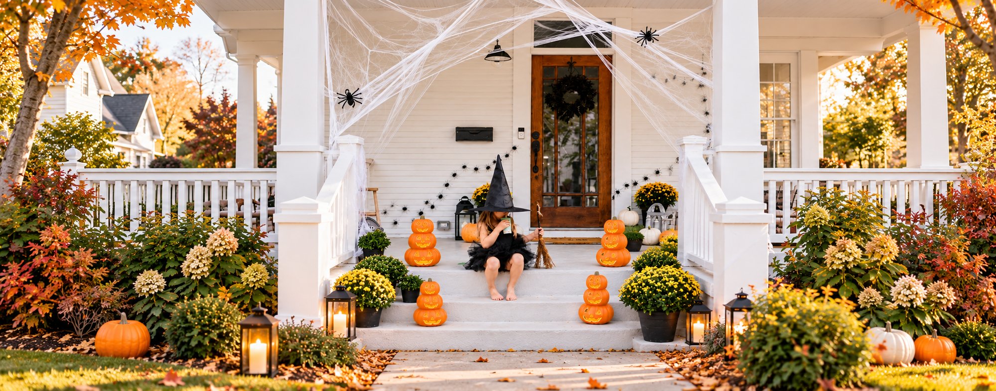 A stacked jack-o'-lantern glowing on an autumn porch