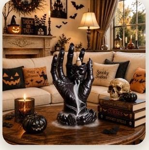 Black hand backflow incense burner with skull accents