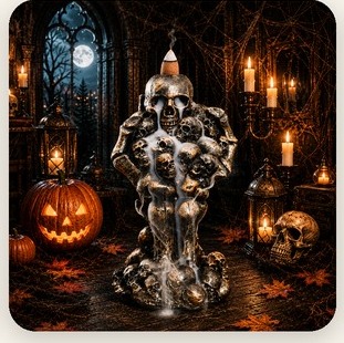 Stacked skulls backflow incense burner in a gothic Halloween scene