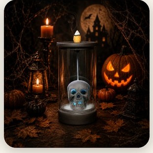 Glass dome skull incense burner among pumpkins