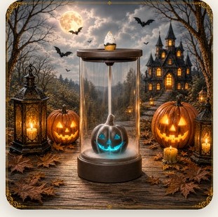 Glass dome incense burner glowing blue by a haunted house scene