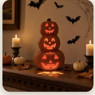 Stacked Jack-O'-Lantern three-tier pumpkin tower