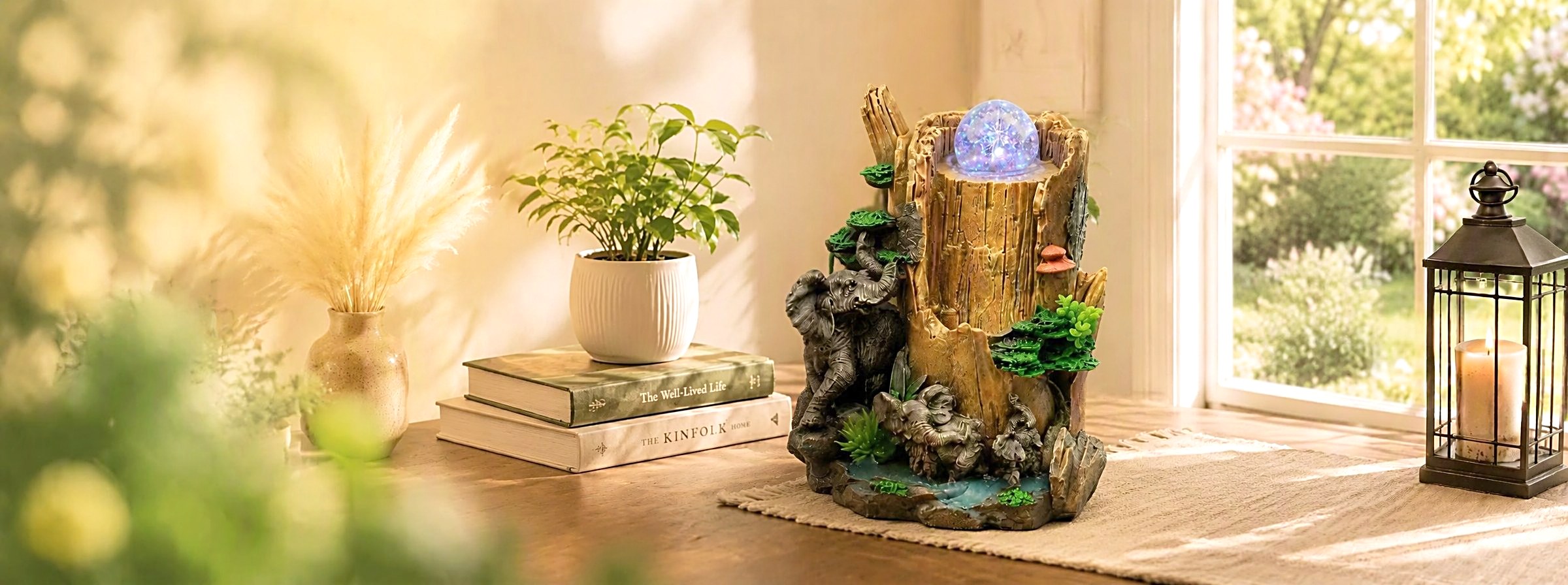 An elephant family tabletop fountain on a sunlit windowsill