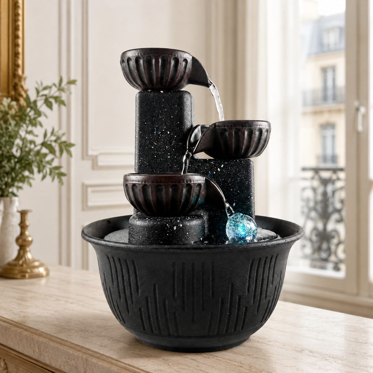 Modern 3-Tier Bowl Fountain with LED Glass Orb — photo 1