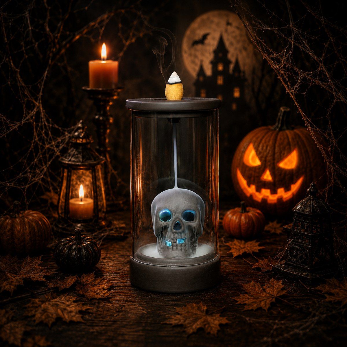 Halloween Glass Dome Backflow Incense Burner — LED Color Glow — photo