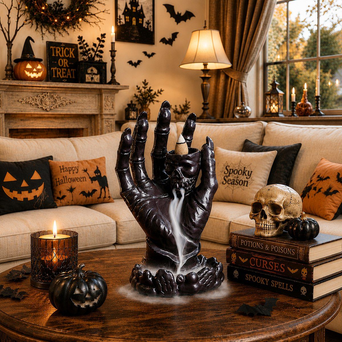 Black Hand Backflow Incense Burner — Gothic Skull Palm — photo