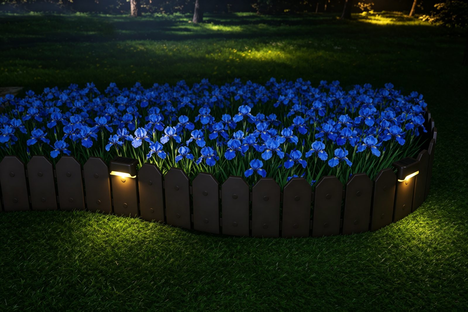 Wood-grain solar garden edging lighting a bed of blue irises at dusk